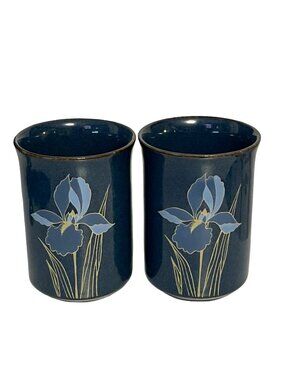 Vintage Otagiri Japan Blue Iris Tumblers Set of 2 Stoneware Cups Floral Drinkwar
